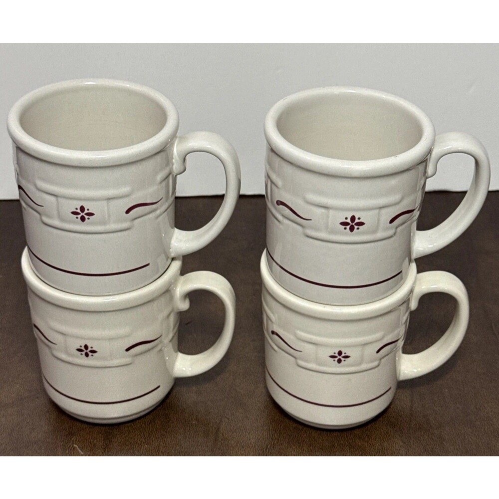 4 Vintage Longaberger USA Pottery Woven Traditions Heritage Red Coffee Mugs EUC